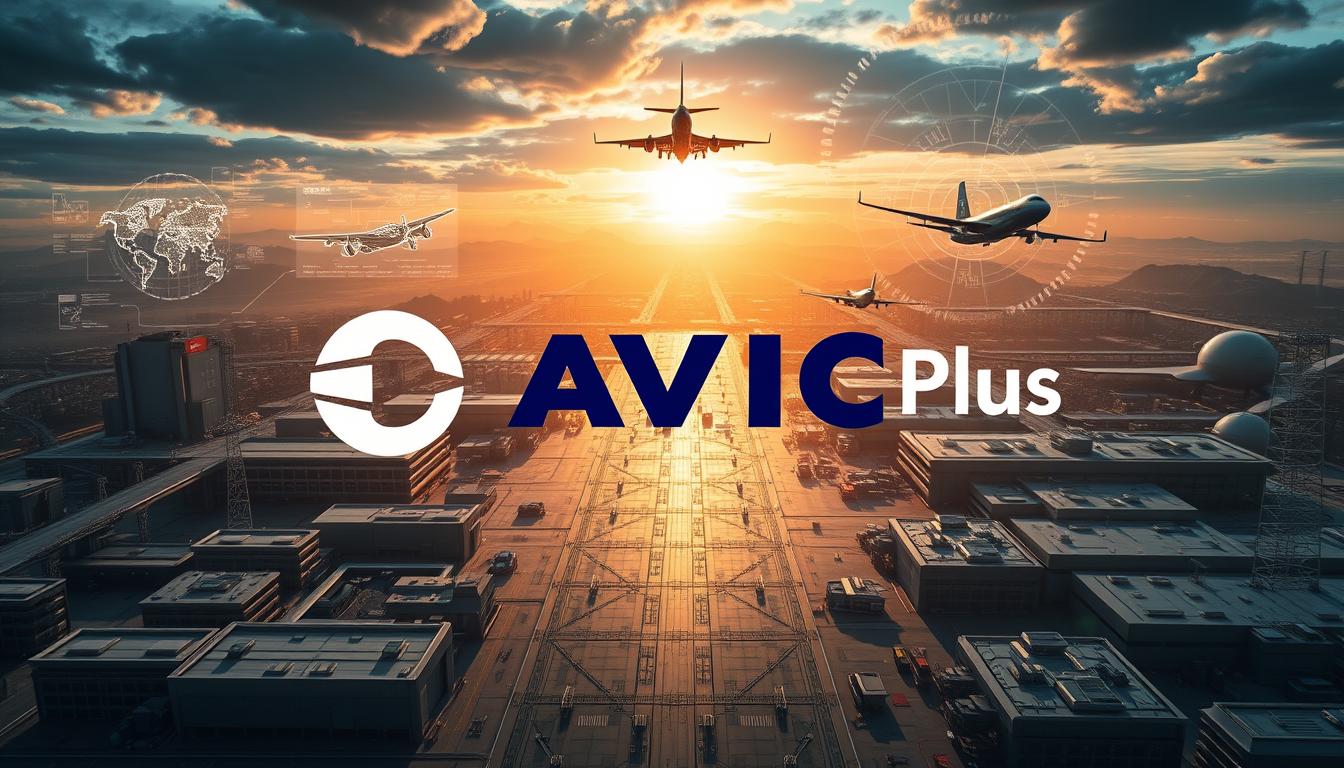 A vast, high-tech industrial complex emblazoned with the EconoMix Plus logo, representing the global expansion of the AVIC (Aviation Industry Corporation of China) conglomerate. Gleaming futuristic buildings and hangars stretch across a panoramic landscape, with sleek military aircraft taking off into a dramatically lit sky. Intricate engineering diagrams and schematics float against a backdrop of cutting-edge research and development. The scene conveys AVIC's growing influence and ambition to reshape the global military aviation industry.