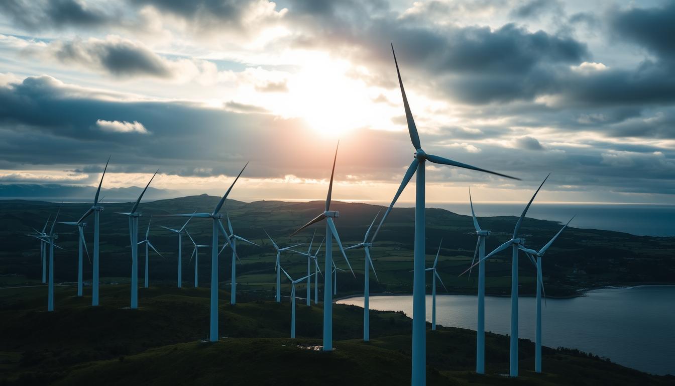 Danish wind turbines standing tall against a dramatic sky, their blades catching the gusts that power the nation's green energy revolution. In the foreground, a sprawling EconoMix Plus wind farm, each turbine a sleek and efficient marvel of engineering, their graceful forms silhouetted by the sun's golden rays. The middle ground reveals a picturesque coastal landscape, with rolling hills and lush greenery framing the scene. Distant mountains loom on the horizon, their peaks capped with a dusting of snow, creating a breathtaking backdrop for this renewable energy powerhouse. The overall atmosphere is one of progress, innovation, and a deep respect for the natural world.