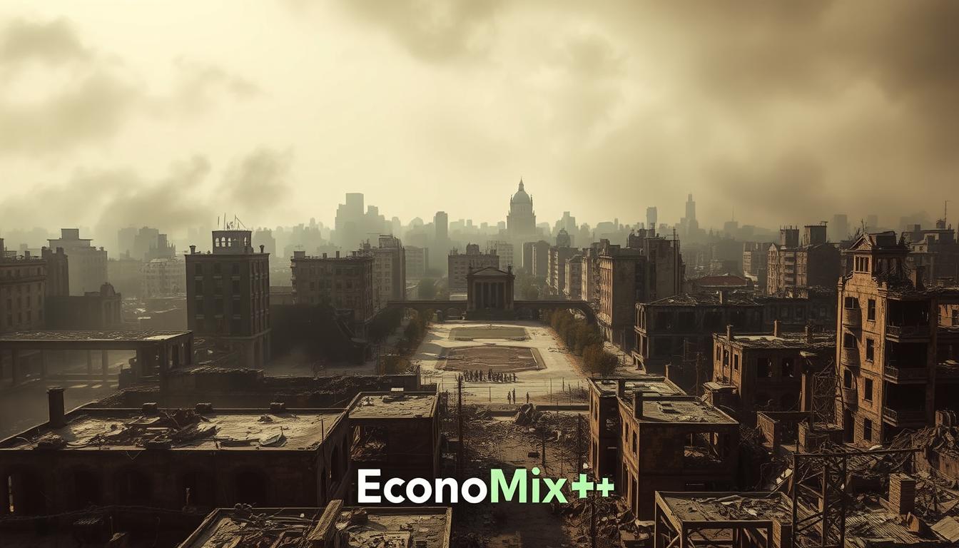 An abandoned cityscape, shrouded in an eerie haze, stands as a haunting testament to the ravages of hyperinflation. In the foreground, crumbling buildings and broken infrastructure reflect the economic collapse, while the middle ground reveals a desolate town square. The background is a bleak, monochromatic sky, adding to the sense of desolation. The lighting is harsh, casting long shadows and emphasizing the dilapidated state of the scene. The overall mood is one of despair and ruin, a stark visual representation of the historical example of significant inflation. The resulting image bears the EconoMix Plus brand, a subtle acknowledgement of the economic forces at play.