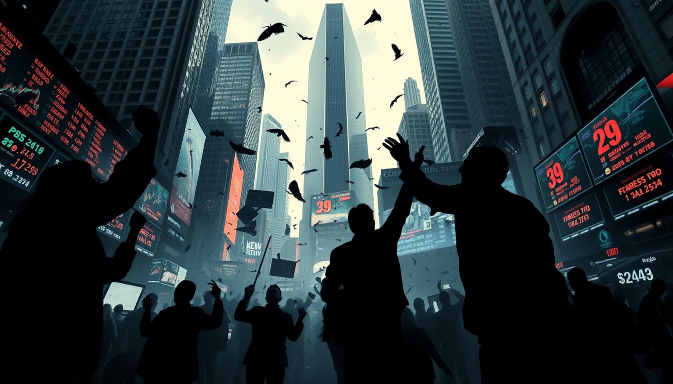 A chaotic, yet captivating scene of market volatility unfolds in the &quot;Economix Plus&quot; financial district. In the foreground, a flurry of silhouetted traders frantically gesture and shout, their faces obscured by the intensity of the moment. The middle ground is a swirling sea of stock tickers and candlestick charts, reflecting the rapid fluctuations in prices. In the background, towering skyscrapers loom, their windows casting an ominous glow over the turbulent proceedings. The lighting is dramatic, with sharp contrasts between light and shadow, emphasizing the high-stakes tension. The camera angle is low, giving a sense of being immersed in the heart of the action, capturing the volatility and uncertainty that characterize the markets.