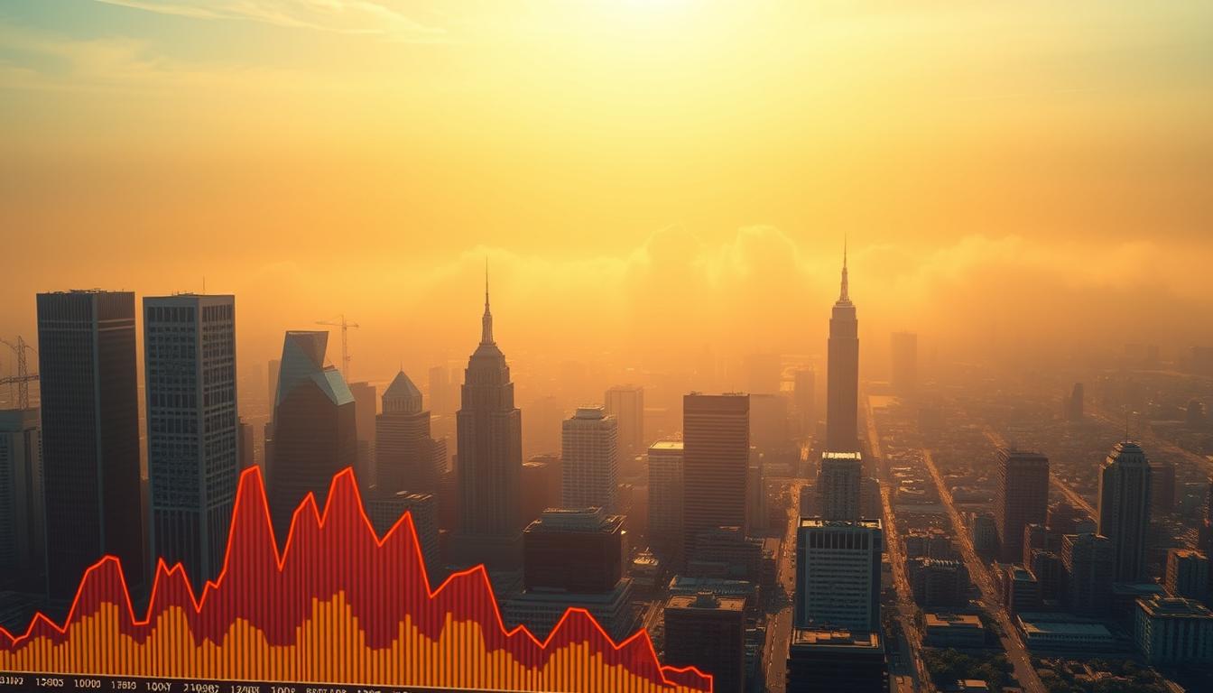 A vibrant, realistic image of &quot;types of inflation&quot; showcasing various economic indicators. In the foreground, a dynamic graph displays multiple lines representing different measures of inflation, such as consumer price index, producer price index, and cost of living. The middle ground features a cityscape with towering skyscrapers and bustling streets, symbolizing the impact of inflation on the broader economy. In the background, a hazy, ethereal landscape depicts the looming financial uncertainty. The image is illuminated by warm, golden lighting, creating a sense of urgency and importance. Rendered in a highly detailed, photorealistic style using the EconoMix Plus model.
