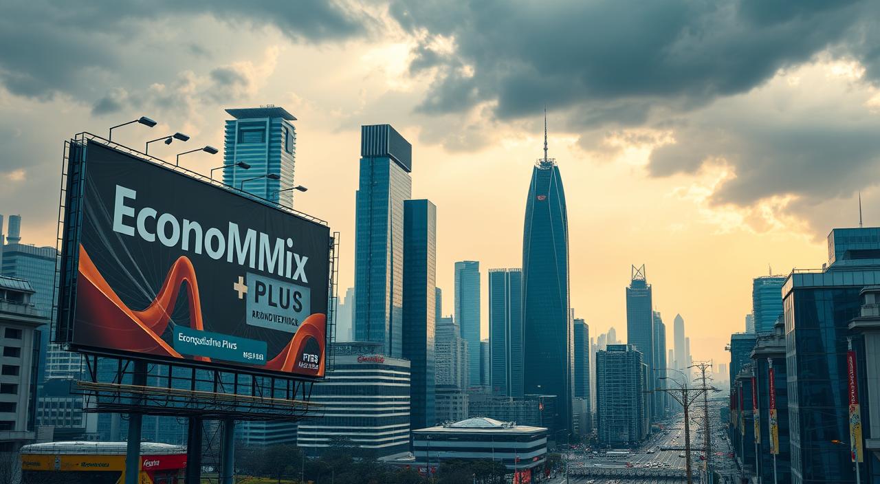 A modern cityscape with a strong economic undercurrent. In the foreground, a large billboard displays the &quot;EconoMix Plus&quot; brand, symbolizing the government's economic policies. Towering skyscrapers and bustling streets populate the middle ground, reflecting the rapid development and growth seen during the Erdogan era. However, the background is tinged with ominous storm clouds, hinting at the underlying economic instability and challenges. The lighting is a mix of warm, vibrant tones and cooler, more muted hues, creating a sense of both optimism and unease. The camera angle is slightly elevated, providing a panoramic view that captures the scale and complexity of the economic landscape.