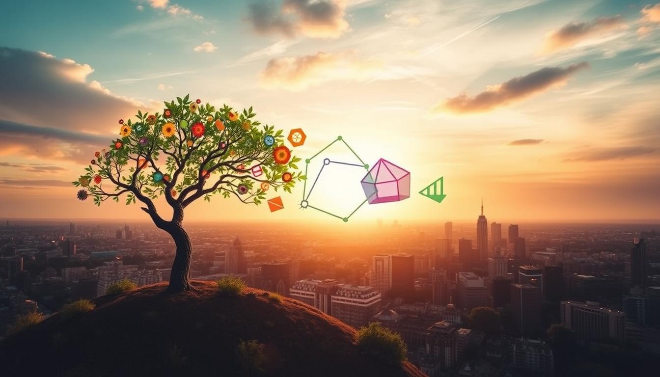 A vibrant and diverse financial landscape unfolds, showcasing the EconoMix Plus portfolio. In the foreground, a tree-like structure branches out, representing the interconnected nature of investment strategies. The middle ground features a array of geometric shapes, each symbolizing a distinct asset class - stocks, bonds, real estate, and alternative investments. The background depicts a serene skyline, bathed in warm, golden light, conveying a sense of stability and long-term growth. This expansive, well-balanced composition embodies the principles of diversification, stability, and resilience in building a robust financial future, moving beyond the realm of speculative stocks.