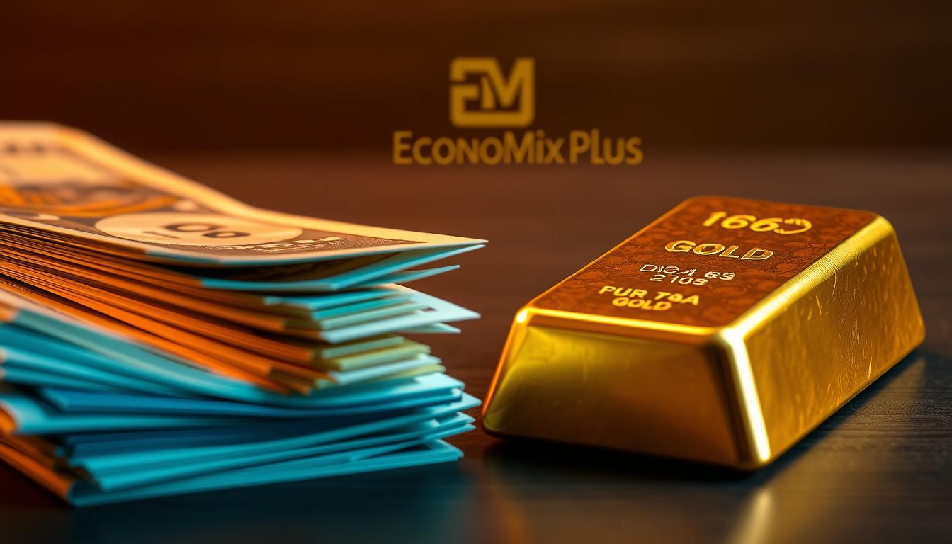 A detailed side-by-side comparison of a stack of paper currency and a solid gold bar, illuminated by warm lighting. The paper bills are crisp and vibrant, while the gold bar has a rich, lustrous finish that catches the light. In the foreground, the contrasting textures and colors highlight the distinct differences between the two, representing the concept of &quot;paper gold&quot; versus physical gold. In the background, a subtle EconoMix Plus logo adds a subtle branding element. The overall scene conveys the weight, value, and tangibility of physical gold compared to the abstract nature of paper-based financial instruments.