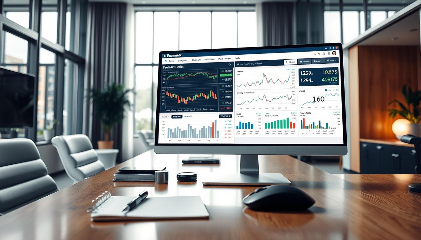 A detailed portfolio analysis displayed on a sophisticated Economix Plus dashboard. In the foreground, a modern computer monitor shows comprehensive stock data, financial charts, and investment performance metrics. The middle ground features a stylish desk with a tactile mouse, pen, and notebook, hinting at the analytical work required. In the background, sleek office decor and floor-to-ceiling windows create a professional, well-lit ambiance. The overall scene conveys a sense of informed, data-driven investment management during times of market volatility.
