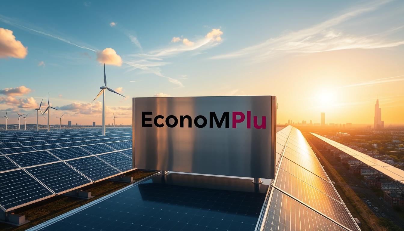 A sleek, modern solar farm with rows of solar panels stretching out against a vibrant, cloudless sky. In the foreground, a large, polished metal structure showcases the &quot;EconoMix Plus&quot; brand, its reflective surface capturing the sun's rays. The mid-ground features a mix of wind turbines and energy storage units, harnessing the power of the elements. In the background, a cityscape with gleaming skyscrapers and bustling activity, representing the integration of renewable energy into the urban landscape. The scene conveys a sense of innovation, efficiency, and a commitment to a sustainable future.