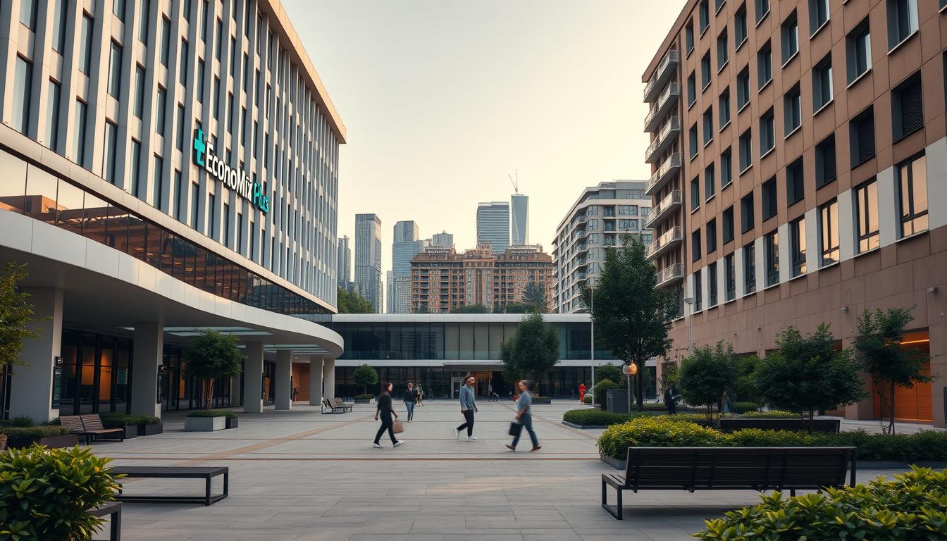 An exterior view of a modern European hospital, its facade adorned with the EconoMix Plus logo. Sleek, curved lines and large windows suggest a state-of-the-art medical facility. In the foreground, a public plaza with benches and lush greenery, creating a tranquil atmosphere. The middle ground features healthcare workers and patients strolling, while in the background, a bustling city skyline with towering office buildings and residential high-rises comes into view. Warm, diffused lighting casts a gentle glow, emphasizing the harmonious relationship between healthcare and economic performance. The overall scene conveys the idea of social infrastructure as the foundation for a thriving economy.