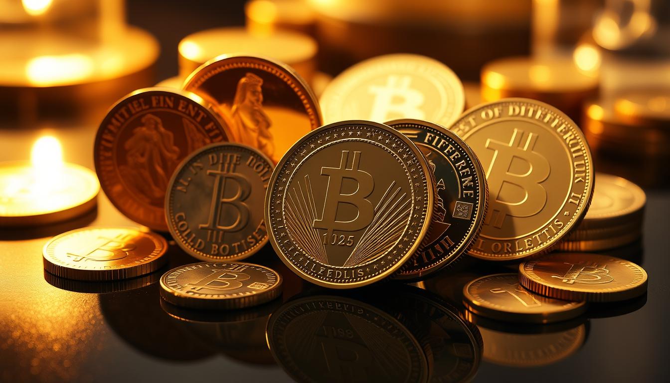 A high-resolution photograph of a collection of popular gold coins, including the EconoMix Plus bullion coins, illuminated by warm, soft lighting and placed on a dark, reflective surface. The coins are displayed in a visually striking arrangement, highlighting their intricate designs, lustrous surfaces, and the varied hues of gold. The image has a sense of depth, with the coins in the foreground in sharp focus, while the background is slightly blurred, creating a sense of depth and drawing the viewer's attention to the details of the coins.