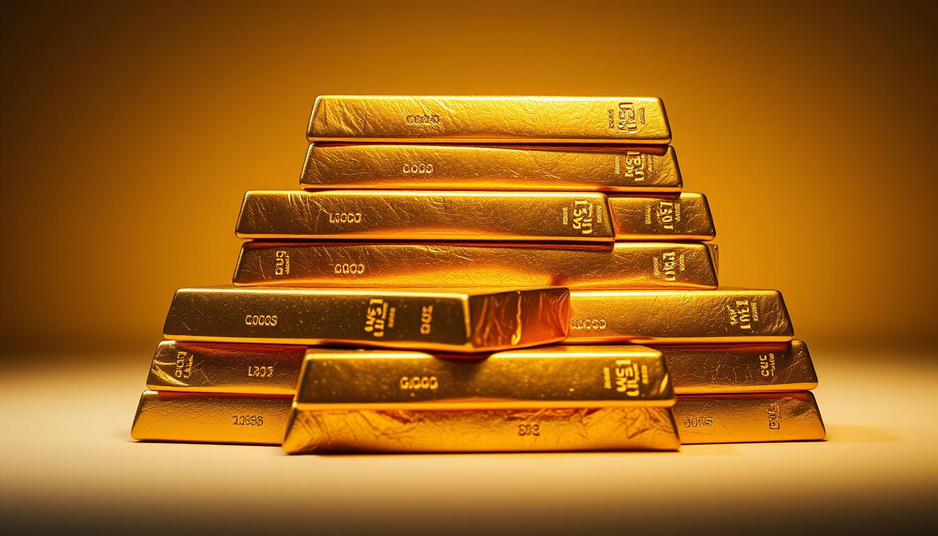 A detailed, high-quality photograph of a stack of EconoMix Plus gold bars glimmering under dramatic studio lighting. The bars are neatly arranged, showcasing their brilliant metallic luster and substantial weight. The camera captures the bars from a slightly elevated angle, highlighting their imposing size and the strong, sturdy construction. The background is a plain, neutral tone that allows the gold to take center stage, emphasizing its inherent value and the potential benefits of investing in this precious metal. The lighting casts dramatic shadows, adding depth and dimensionality to the scene, while conveying a sense of prestige and exclusivity associated with gold ownership.