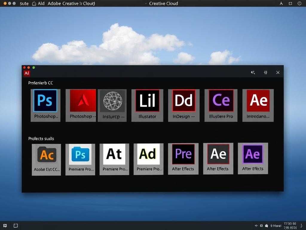 Adobe Creative Cloud interface showing Photoshop, Illustrator, and Premiere Pro applications