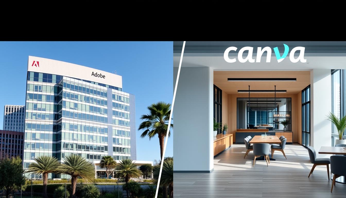 Adobe vs Canva company headquarters comparison showing Adobe's San Jose campus and Canva's Sydney office