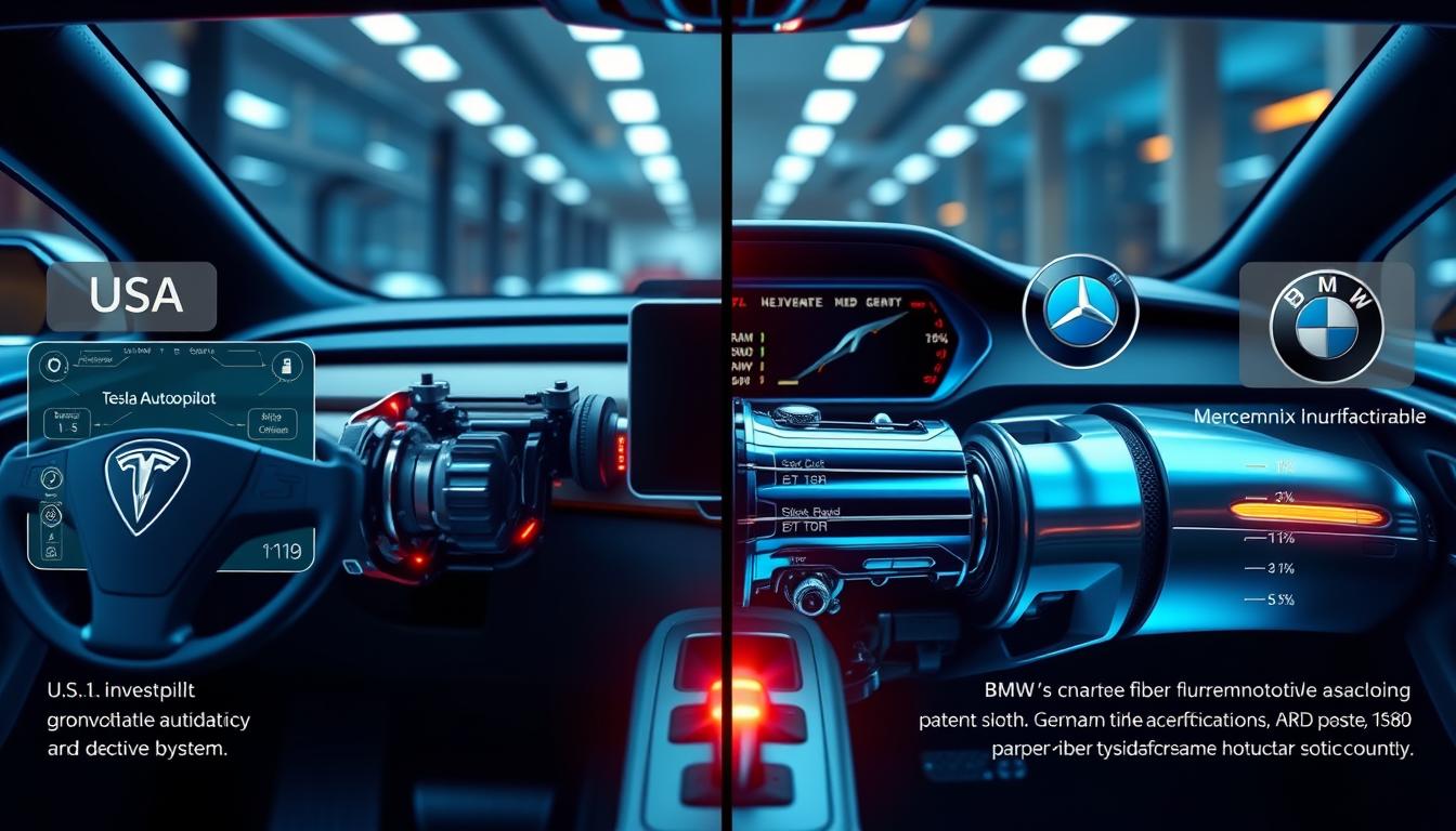 Advanced automotive technology development showing autonomous driving systems and electric vehicle platforms from both countries