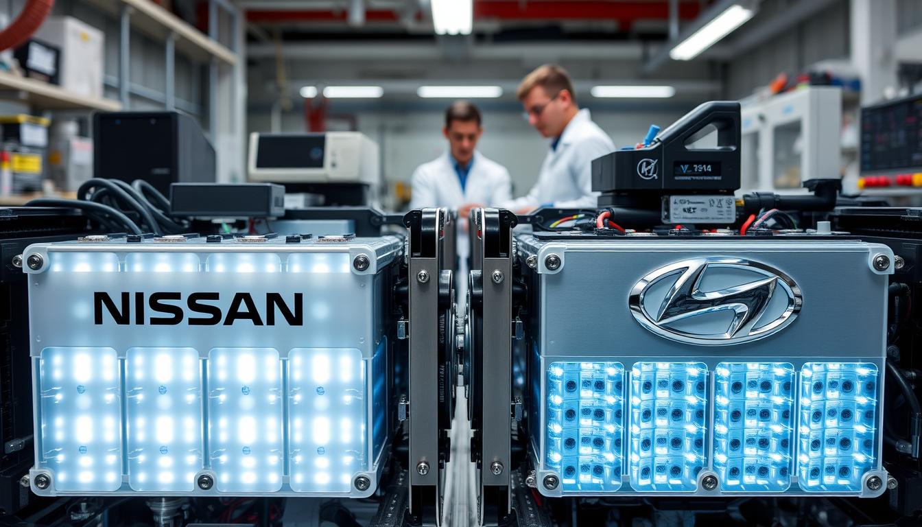 Advanced battery technology and powertrain components from Nissan and Hyundai showcasing the technological competition in the hybrid car race Advanced battery technology and powertrain components from Nissan and Hyundai showcasing the technological competition in the hybrid car race