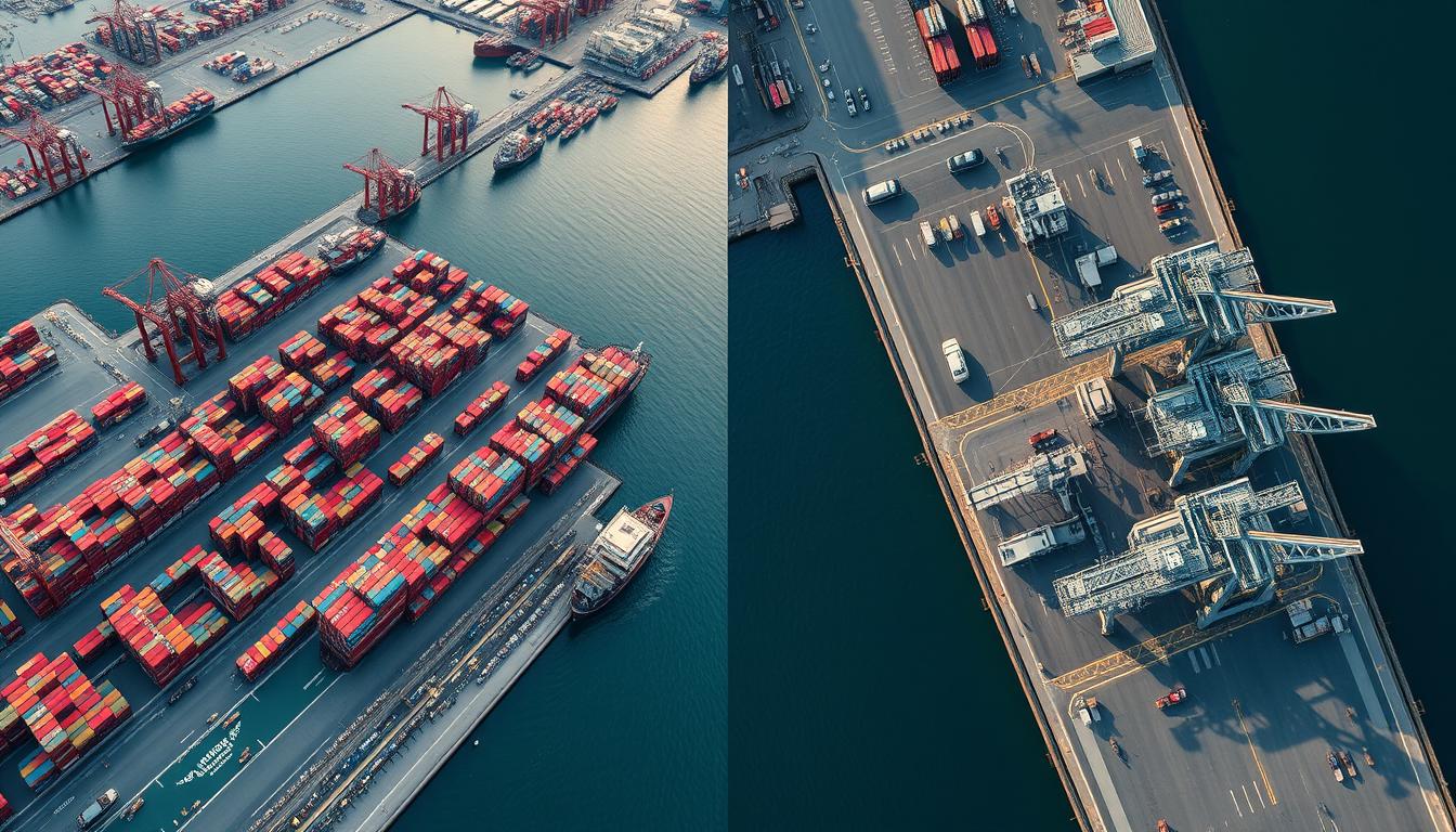 Aerial view comparing Chinese and German industrial ports and logistics infrastructure