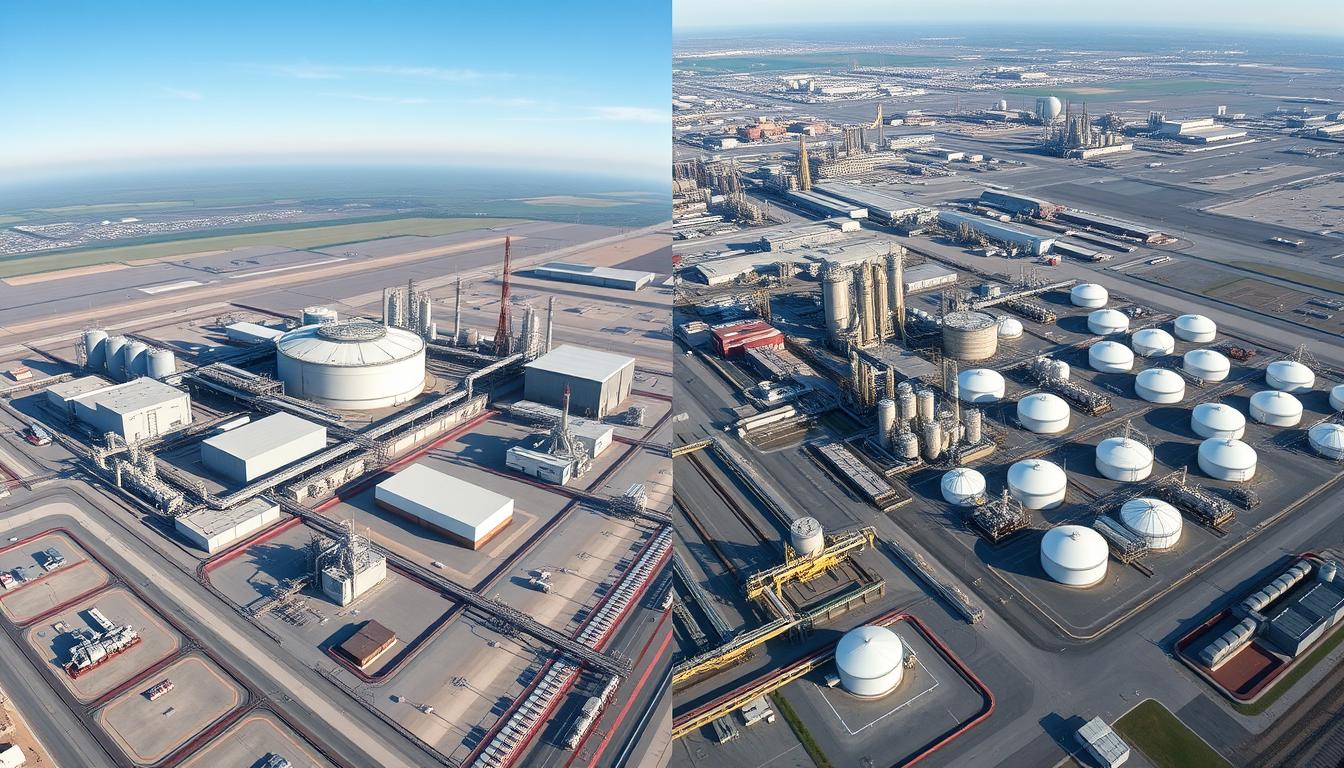 Aerial view comparing Dow and Chevron Phillips Chemical petrochemical facilities showing the scale and complexity of modern petrochemical operations