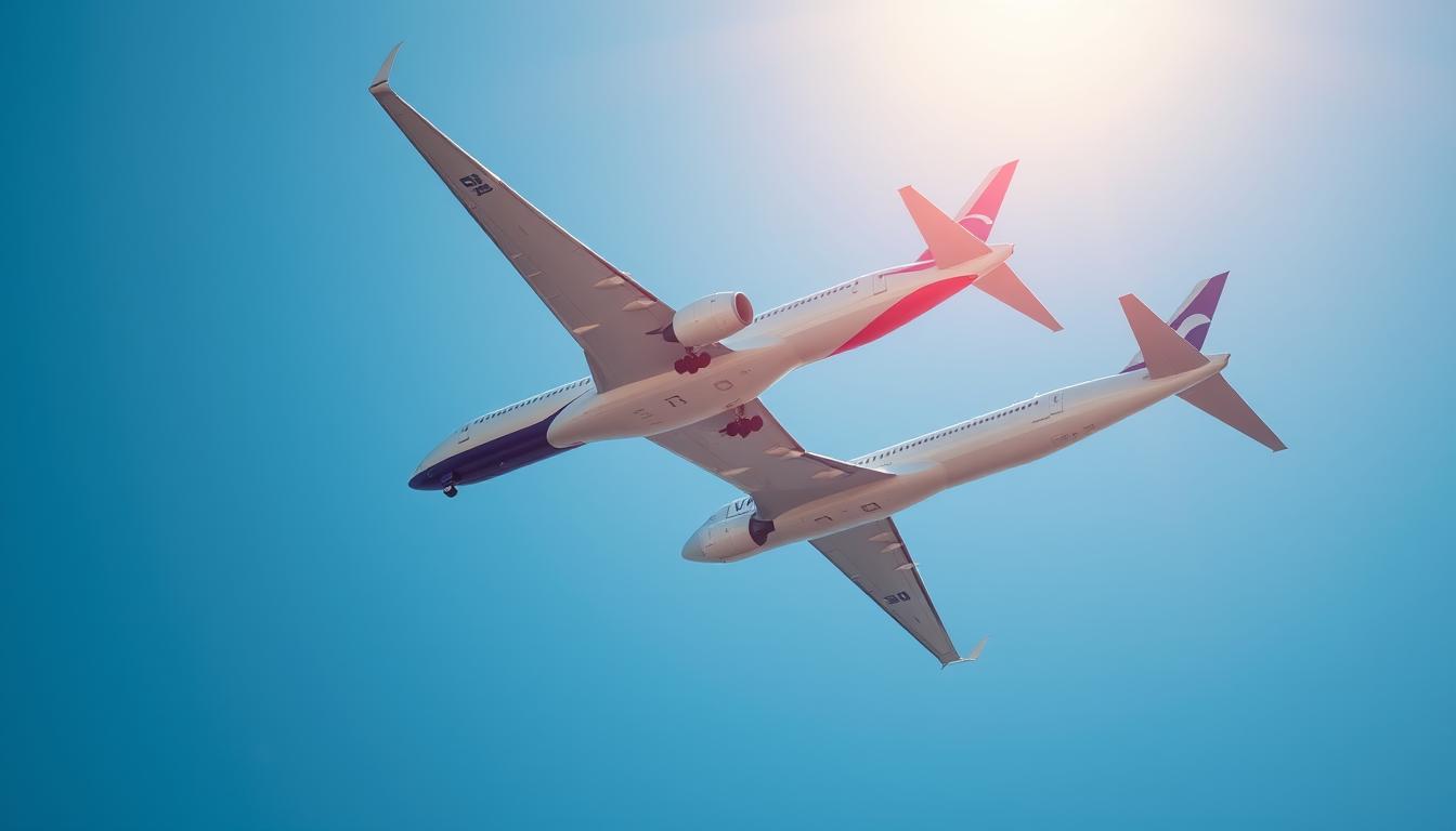 Airbus and Boeing aircraft flying side by side in the sky symbolizing ongoing competition