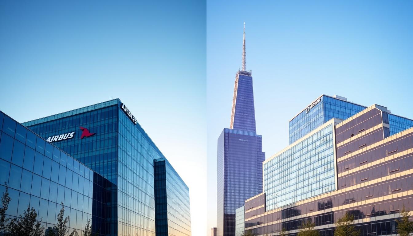 Airbus and Boeing headquarters buildings side by side showing the contrast between European and American aerospace giants