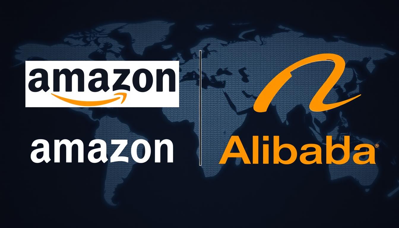 Amazon and Alibaba logos with global e-commerce concept