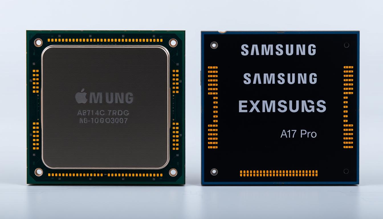 Apple A17 Pro chip next to Samsung Exynos processor highlighting technological innovation in the smartphone market dominance battle Apple A17 Pro chip next to Samsung Exynos processor highlighting technological innovation in the smartphone market dominance battle