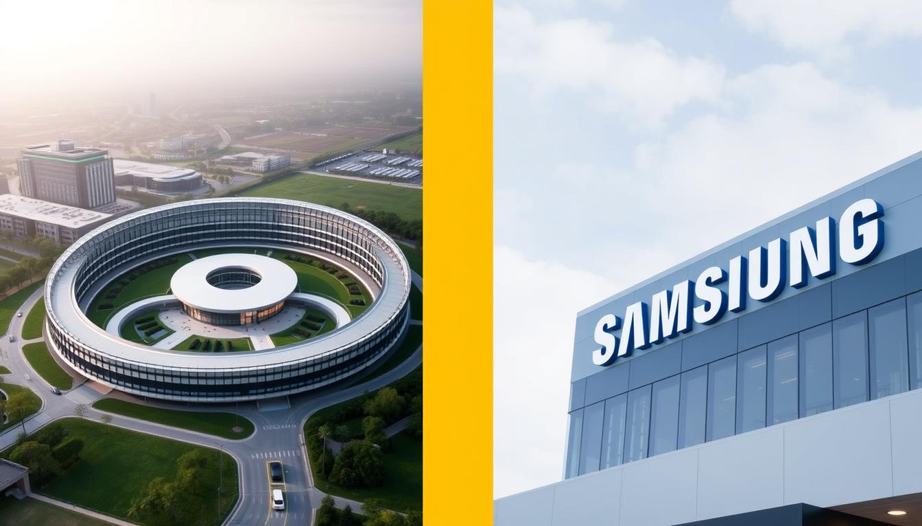Apple and Samsung headquarters side by side showing the contrast between Apple vs Samsung smartphone market dominance