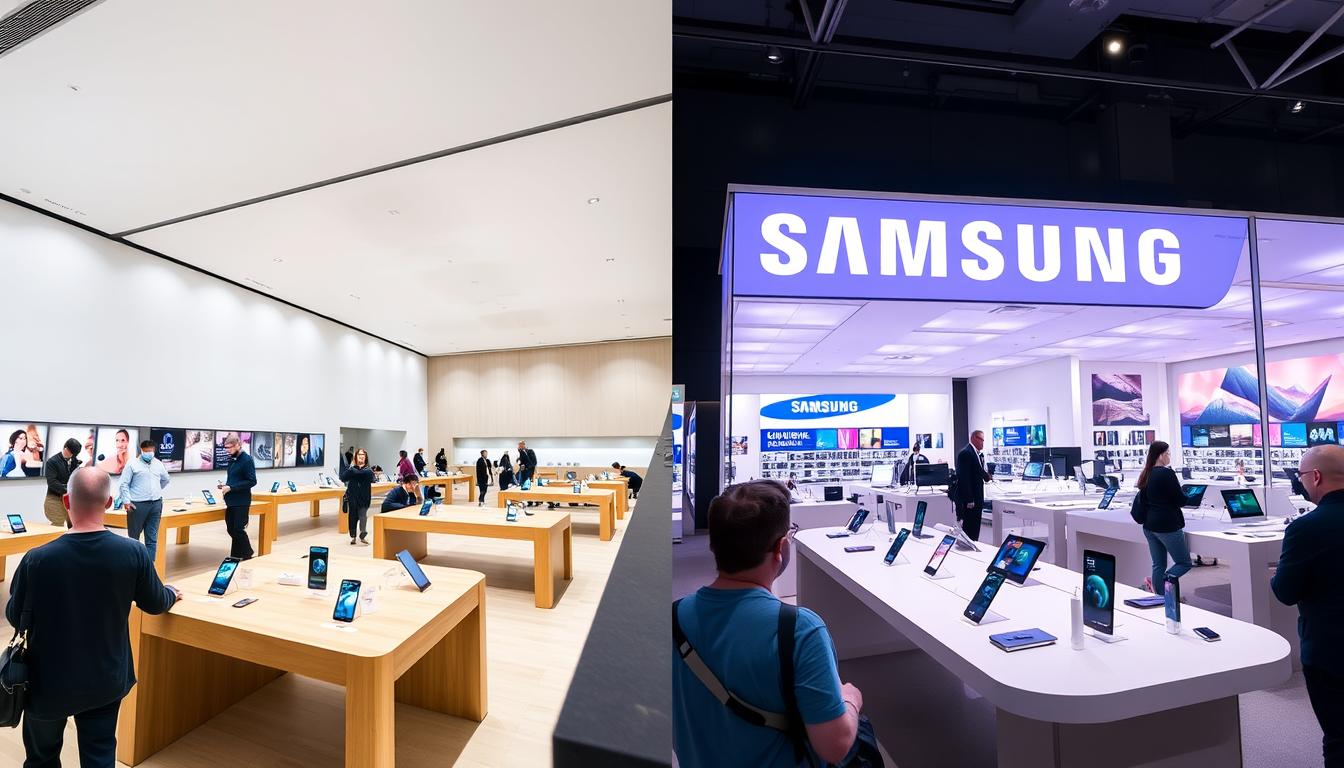 Apple and Samsung retail stores showing different brand experiences in the smartphone market dominance competition Apple and Samsung retail stores showing different brand experiences in the smartphone market dominance competition