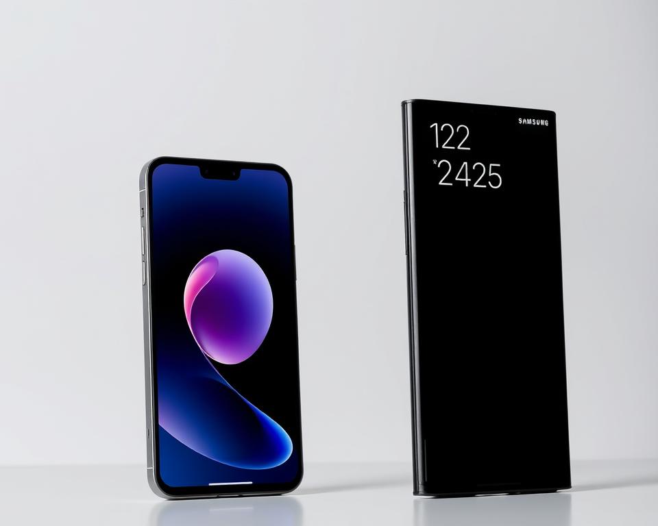 Apple iPhone and Samsung Galaxy flagship devices side by side representing the ongoing competition for smartphone market dominance Apple iPhone and Samsung Galaxy flagship devices side by side representing the ongoing competition for smartphone market dominance