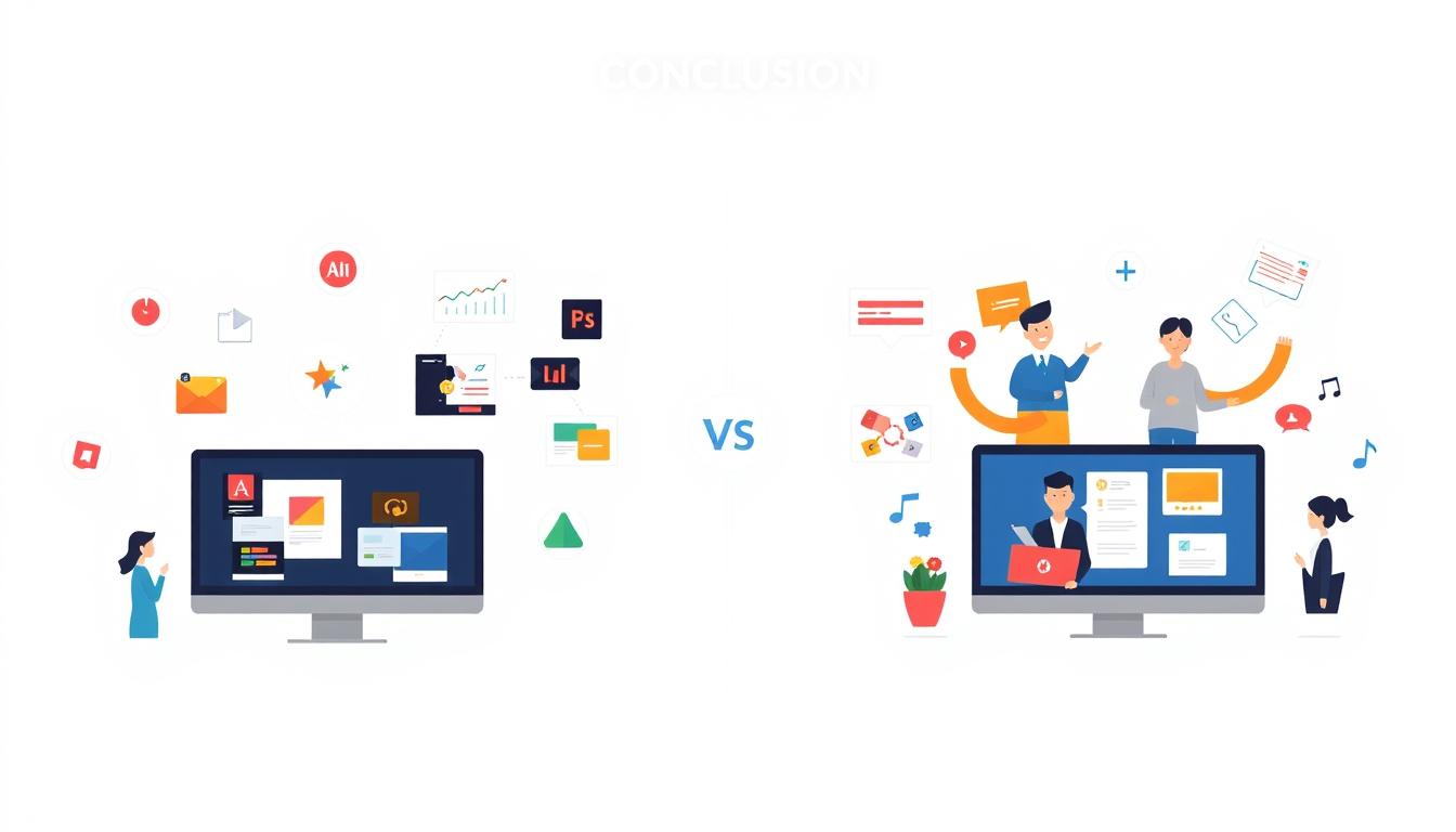 Balanced comparison showing Adobe and Canva serving different creator needs in the digital age