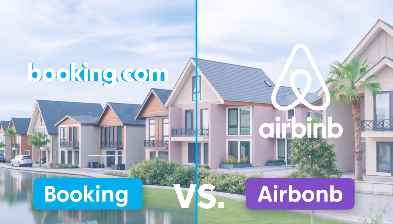Booking vs Airbnb comparison showing both platform logos and rental properties