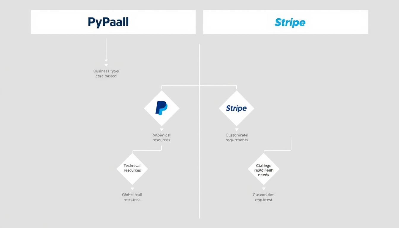 Business decision flowchart helping choose between PayPal vs Stripe based on different business needs and priorities Business decision flowchart helping choose between PayPal vs Stripe based on different business needs and priorities