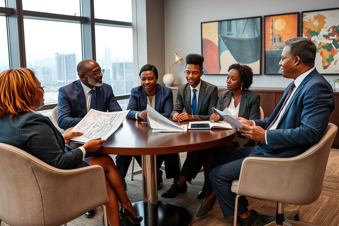 Business meeting showing French and British representatives negotiating with African partners, illustrating different engagement approaches in France vs UK African markets