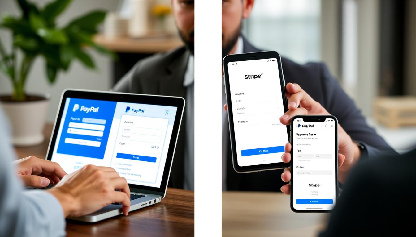 Business owner comparing PayPal vs Stripe interfaces on multiple devices showing the user experience differences Business owner comparing PayPal vs Stripe interfaces on multiple devices showing the user experience differences