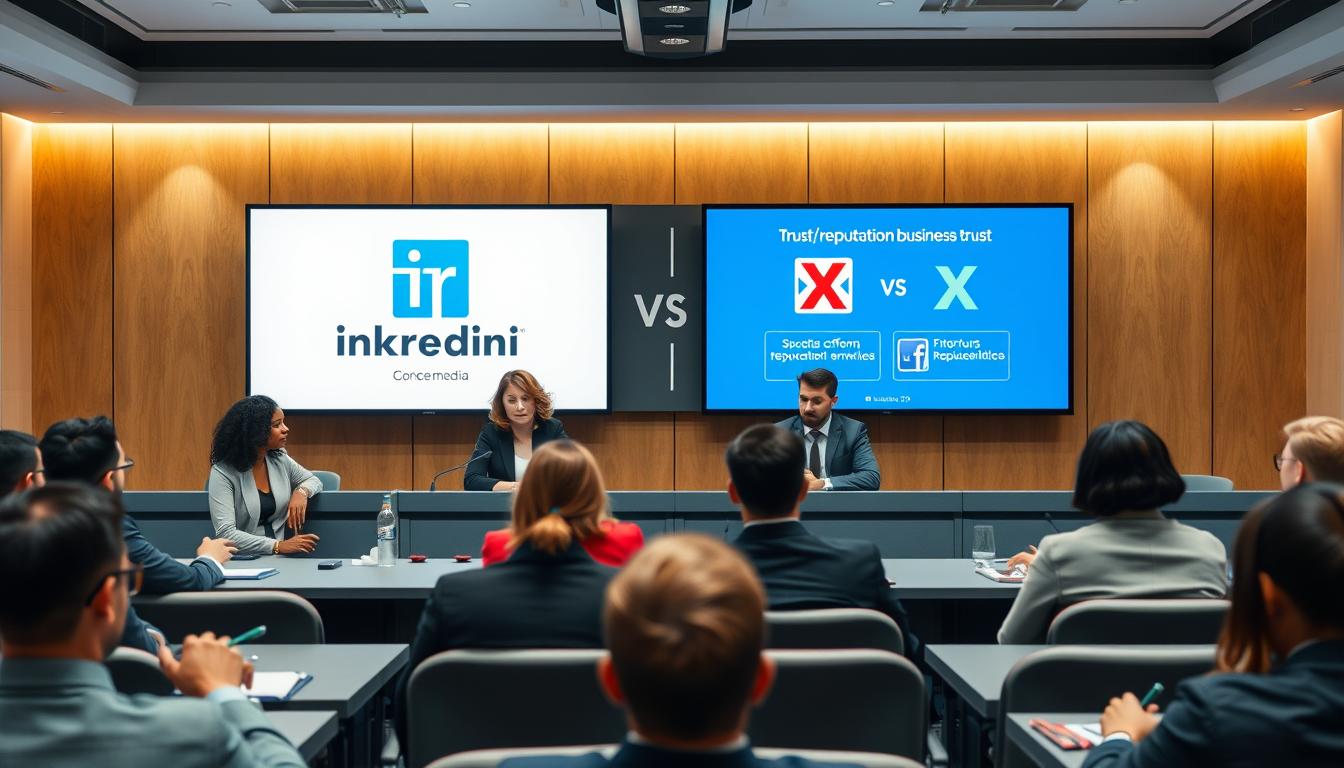 Business professionals discussing LinkedIn vs X business market reputation at a conference