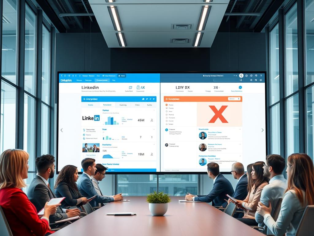 Business professionals evaluating LinkedIn vs X business market strengths in a modern office setting