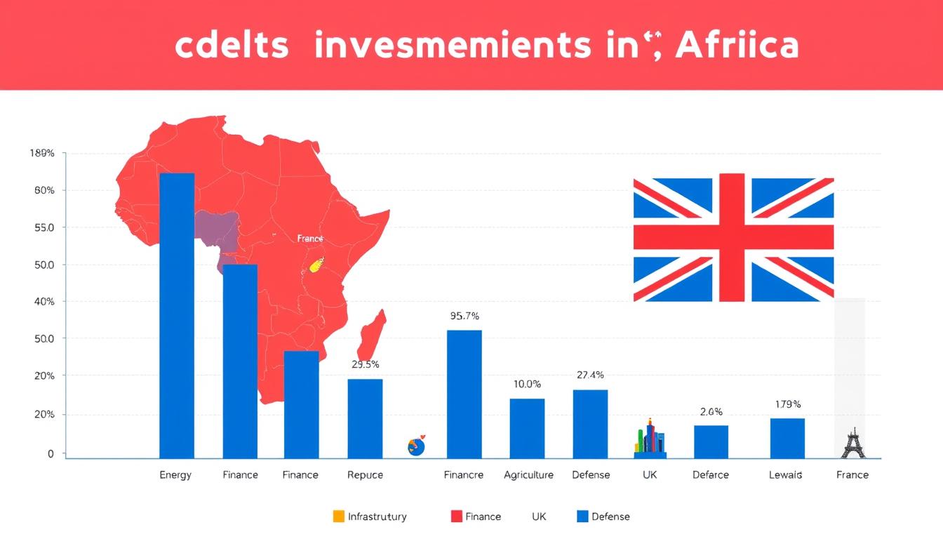 Chart comparing France vs UK African markets investment by sector showing energy, finance, infrastructure, and technology percentages