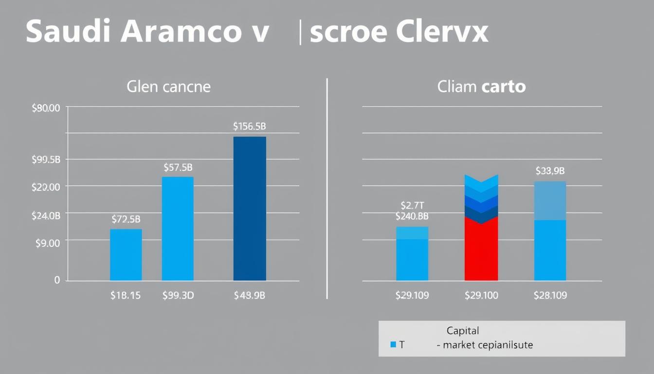 Chart comparing financial metrics between Aramco and Chevron including revenue, profits, and market capitalization
