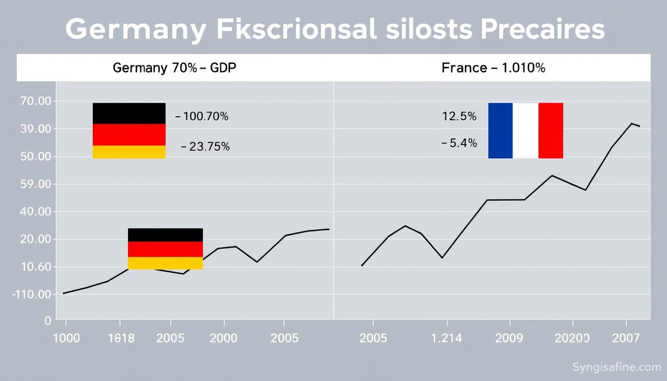 Comparison of German and French fiscal positions showing debt-to-GDP ratios and budget balances Comparison of German and French fiscal positions showing debt-to-GDP ratios and budget balances