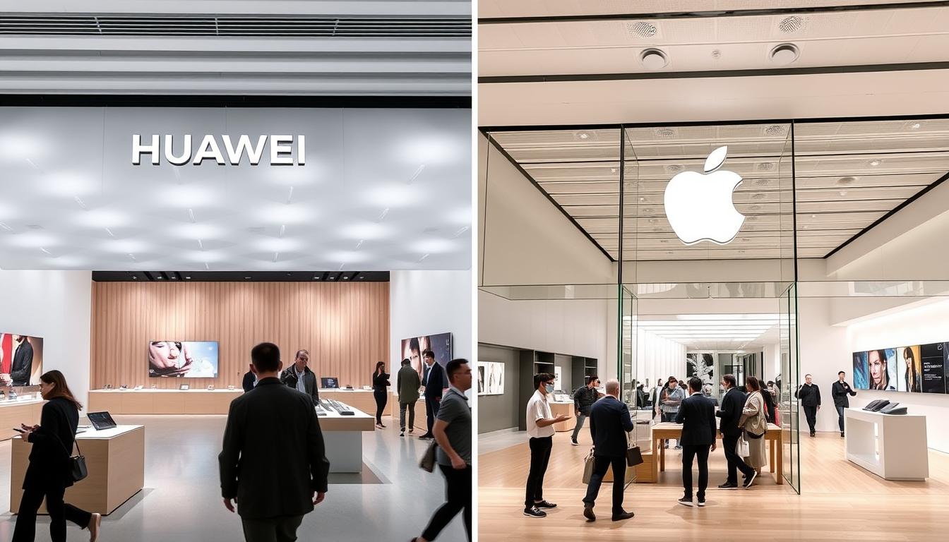 Comparison of Huawei and Apple flagship stores in Shanghai showing retail strategy differences