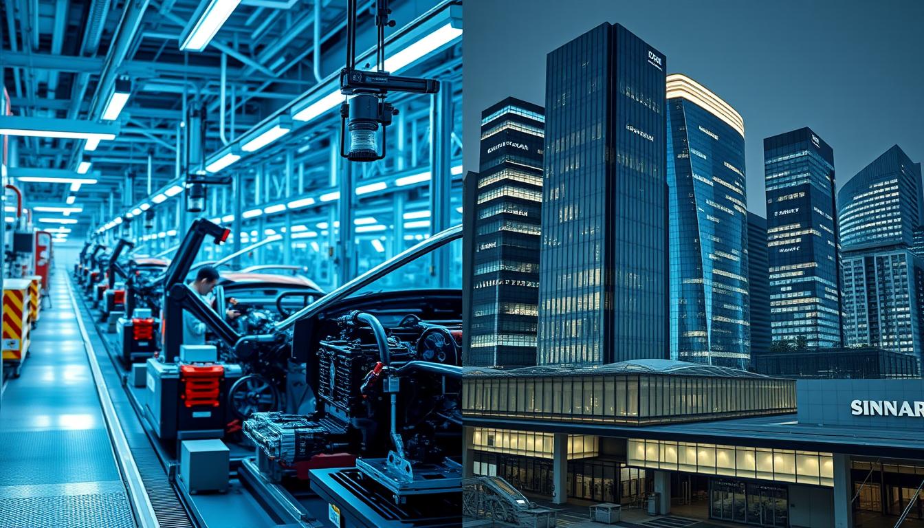 Comparison of Japan's manufacturing sector with Singapore's financial services sector, illustrating the Japan vs Singapore development model Comparison of Japan's manufacturing sector with Singapore's financial services sector, illustrating the Japan vs Singapore development model