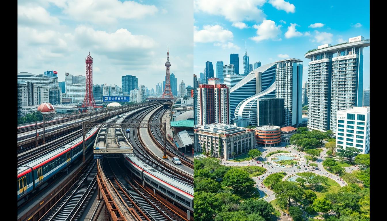 Comparison of Tokyo's transit system with Singapore's urban planning, highlighting infrastructure differences in the Japan vs Singapore development model Comparison of Tokyo's transit system with Singapore's urban planning, highlighting infrastructure differences in the Japan vs Singapore development model