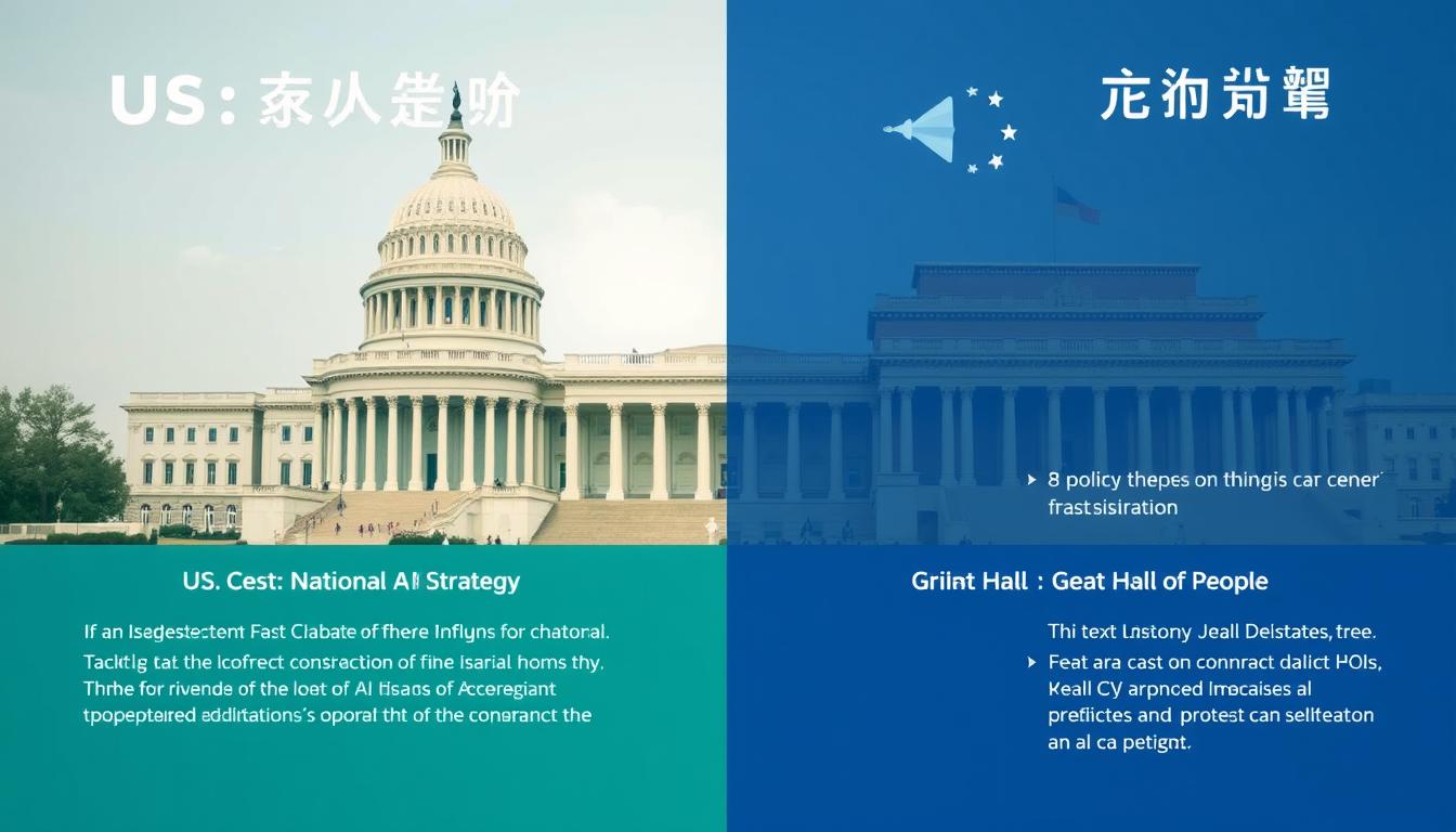 Comparison of US and China artificial intelligence national strategies with policy documents and government buildings