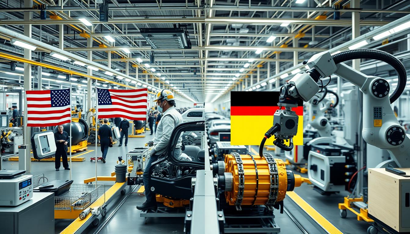 Comparison of US and German automotive manufacturing facilities showing modern production lines with robots and workers
