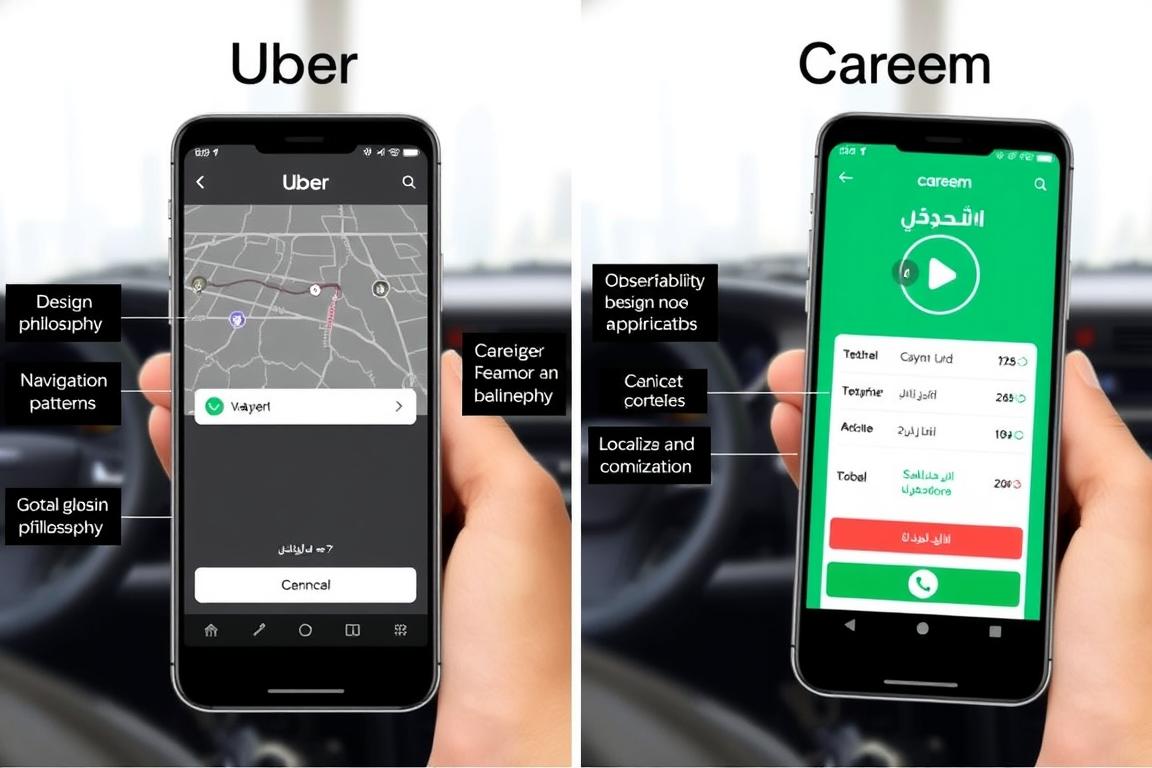 Comparison of Uber and Careem app interfaces showing key UX differences