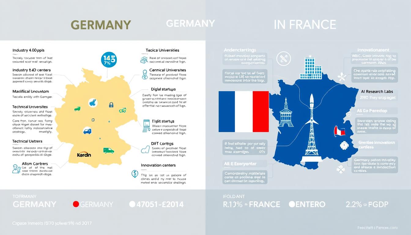Comparison of innovation ecosystems in Germany and France showing R&D centers, startups, and technology hubs Comparison of innovation ecosystems in Germany and France showing R&D centers, startups, and technology hubs
