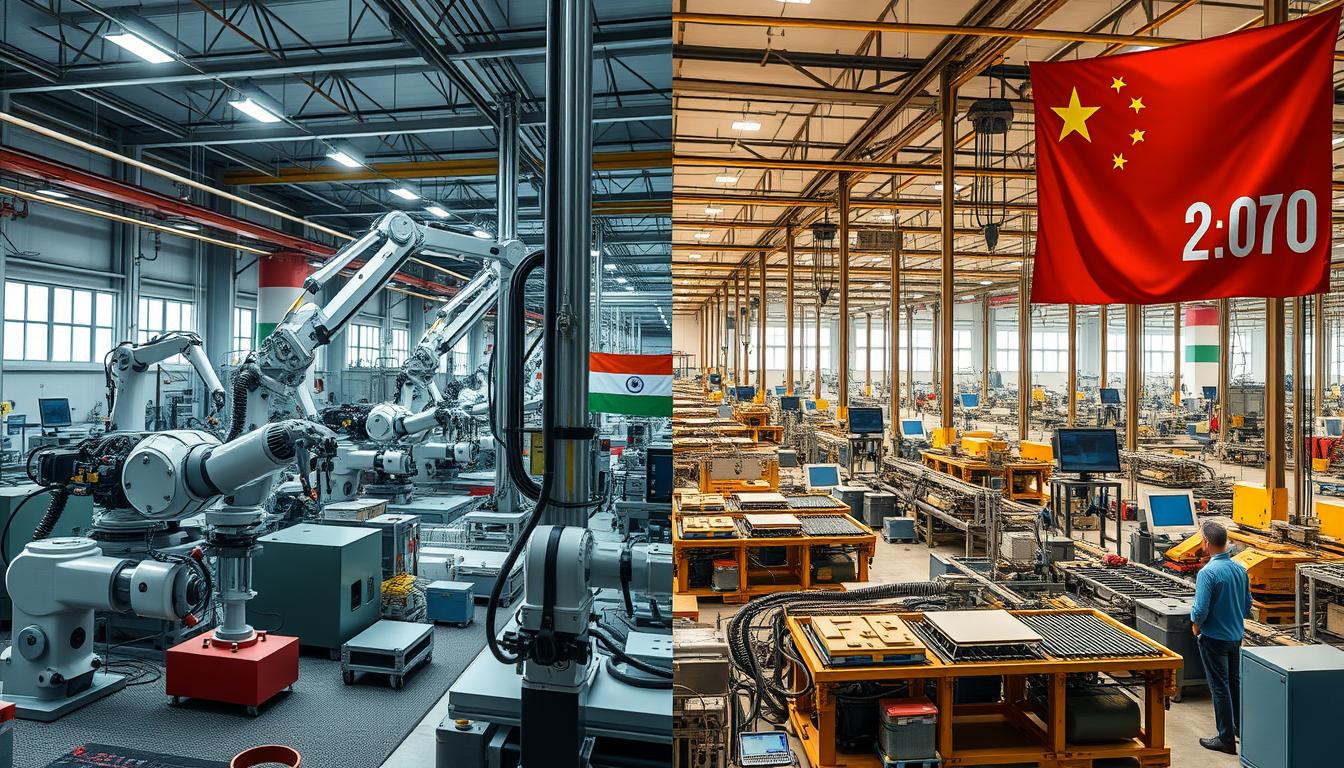 Comparison of technology adoption in manufacturing facilities in India and China showing industrial automation differences