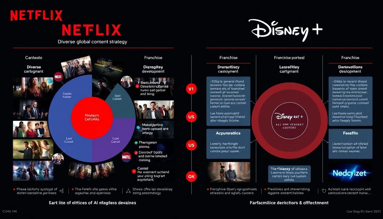 Content strategy comparison between Netflix's diverse global approach and Disney+'s franchise-focused model Content strategy comparison between Netflix's diverse global approach and Disney+'s franchise-focused model