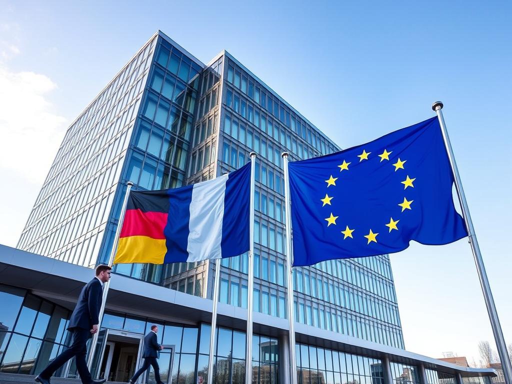 Corporate headquarters of a major European company with EU and national flags Corporate headquarters of a major European company with EU and national flags