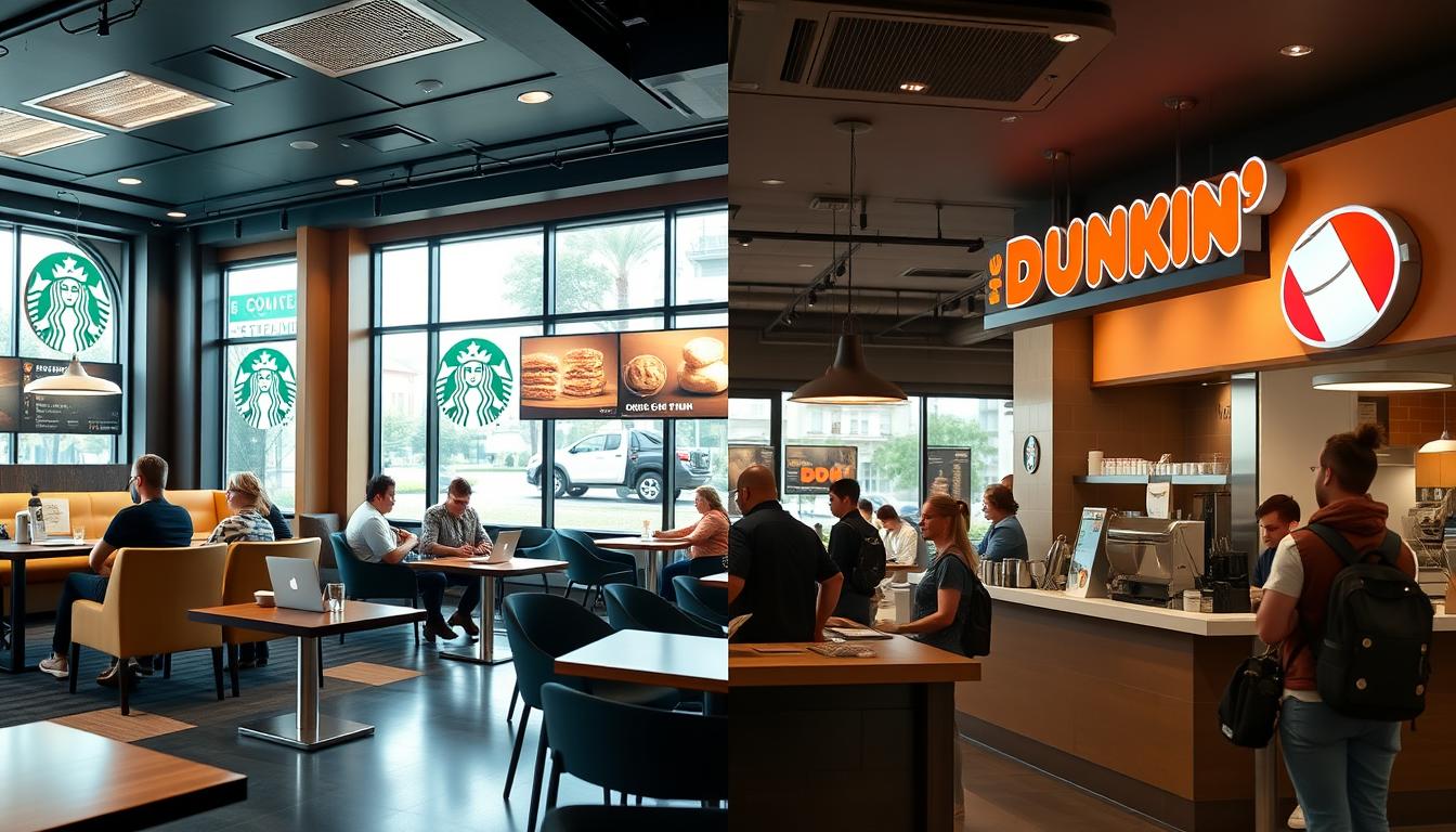 Customer experience comparison showing Starbucks vs Dunkin' interior spaces and service models