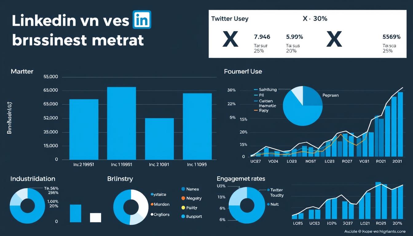 Data visualization showing LinkedIn vs X business market user demographics and engagement metrics