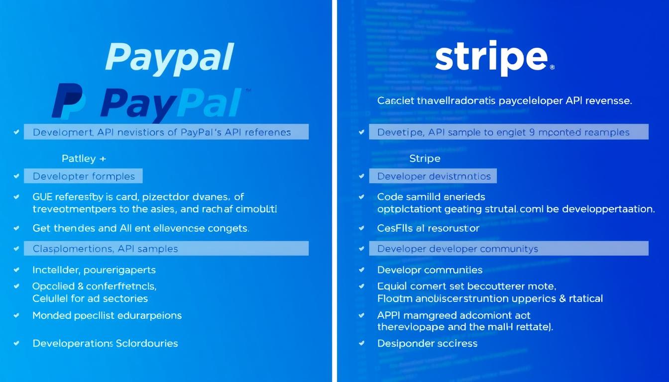 Developer ecosystem comparison showing PayPal vs Stripe documentation, community support, and integration tools Developer ecosystem comparison showing PayPal vs Stripe documentation, community support, and integration tools