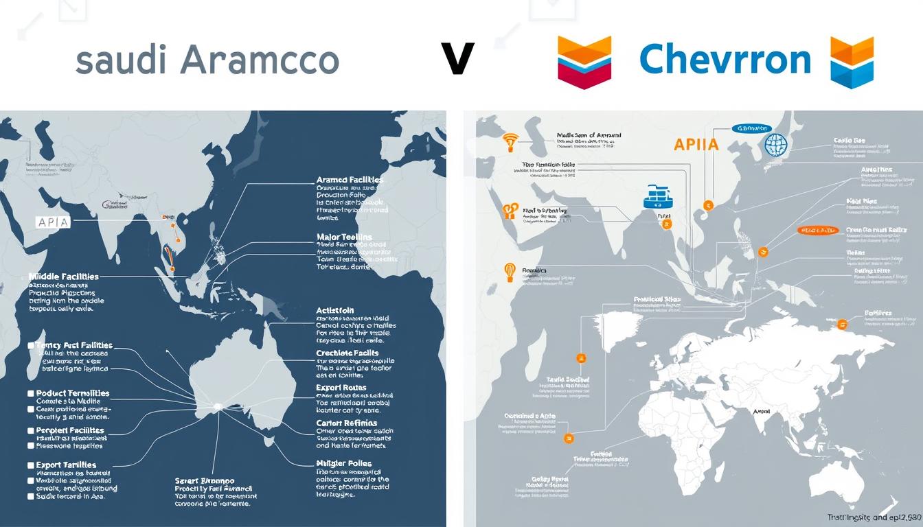 Diagram showing Aramco and Chevron's global supply chains, logistics networks, and infrastructure assets